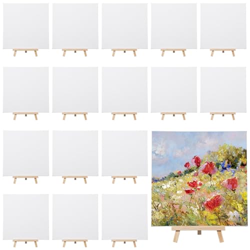 MotiMind 36 Pcs Mini Canvas and Easel Set for Painting, 8 x 8 Inch Canvas Panels with 8 Inch Wooden Easels for Oil Acrylic Painting Christmas Birthday Valentine's Mother's Day Art Crafts Party Favors - size: 8 x 8 Inch