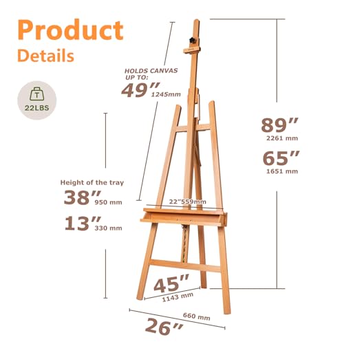 DJAR Large Painters Easel for Painting, Holds Canvas up to 49", Natural | Sturdy Solid Beech Wood Studio Floor Display Stand, Adjustable Artist Easel with Storage Tray, Ideal for Adults and Students - style: Natural A-Frame Easel