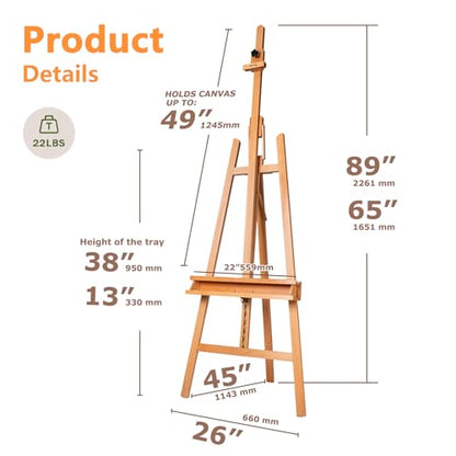 DJAR Large Painters Easel for Painting, Holds Canvas up to 49", Natural | Sturdy Solid Beech Wood Studio Floor Display Stand, Adjustable Artist Easel with Storage Tray, Ideal for Adults and Students - style: Natural A-Frame Easel