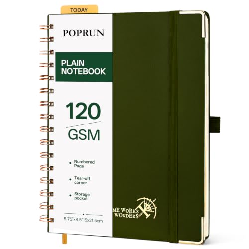 POPRUN Blank Spiral Journal Notebook, A5 Hardcover Sketch Books, 141 Pages Unlined Journals for Women Men, 120 GSM Plain Notebooks for Sketching, Drawing, Painting, 5.75'' x 8.25'', Olive - color: Olive, style: Minimalist