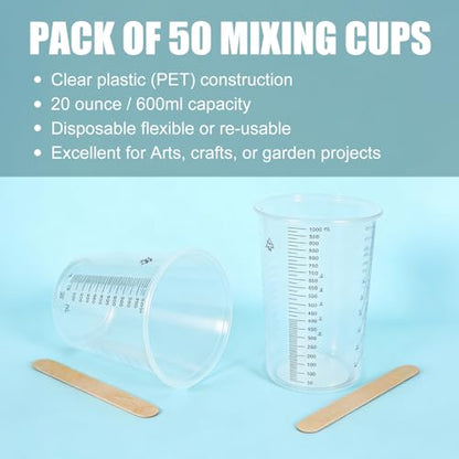 50-Pack Mixing Cups Set Paint Mixing Cups 32 oz (1000ml) with 50 Wooden Sticks,Easy Measuring Ratios 2:1, 3:1, 4:4,Ideal for Epoxy Resin, Paint, and More - size: 50P-32OZ