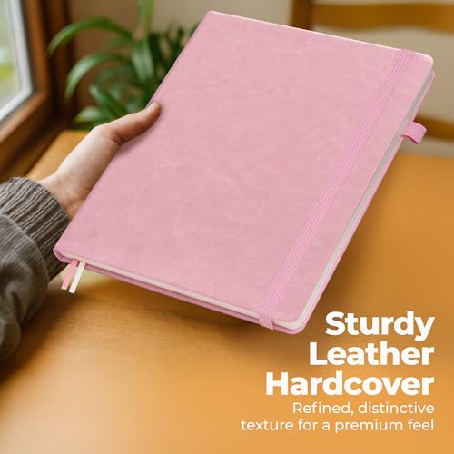Classic Lined Journal Notebook 8.5x11" A4 Hardcover Leather - Pink - 200 Pages College Ruled Large with Sticky Tabs, Pockets, and Pen Loop for Writing and Journaling - Big Hardback Men and Women - color: Pink, size: A4 200 Pages