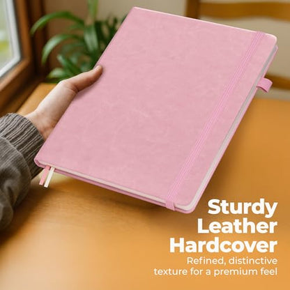 Classic Lined Journal Notebook 8.5x11" A4 Hardcover Leather - Pink - 200 Pages College Ruled Large with Sticky Tabs, Pockets, and Pen Loop for Writing and Journaling - Big Hardback Men and Women - color: Pink, size: A4 200 Pages