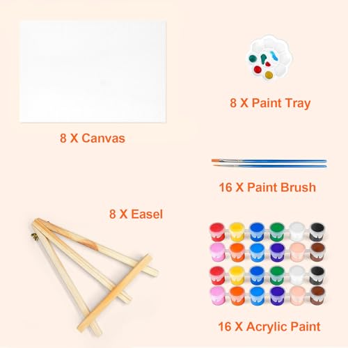 8 Pack 8x10in Canvas Painting Kit, Canvases Board & Easel & Acrylic Paint Set for Adults, Drawing Boards with Palette & Brushes for Party