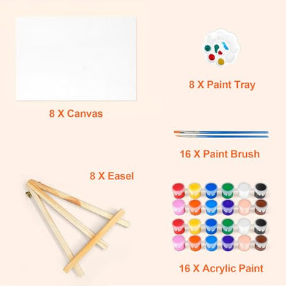 8 Pack 8x10in Canvas Painting Kit, Canvases Board & Easel & Acrylic Paint Set for Adults, Drawing Boards with Palette & Brushes for Party