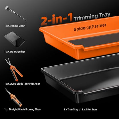 Spider Farmer Trim Tray Kit with Trimming Tray, 150 Micron Precision Screen, Bottom Harvest Bin, Scissors, Brush & Magnifying Card – Collect Pollen and Fine Plant Material