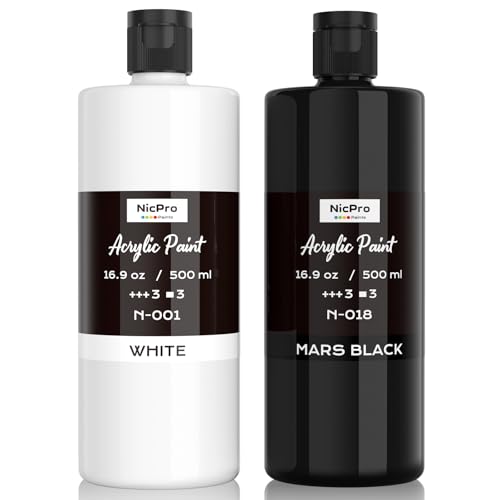 Nicpro White & Black Large Acrylic Paint (16.9 oz, 500 ml), Rich Pigments, Non Toxic Craft Paint for Multi Surface, Canvas, Wood, Leather, Fabric - Art Painting Supplies for Beginner, Artist & Adult - color: White & Black, size: 16.9 Fl Oz (Pack of 2)