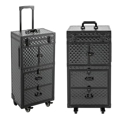 Rolling Lockable Makeup Train Case, Black Rolling Makeup Case | Large Trolley Storage Case Lockable | Trolley Professional Cosmetic Organizer Box | with Hair Dryer Holder&Scissors Buckles