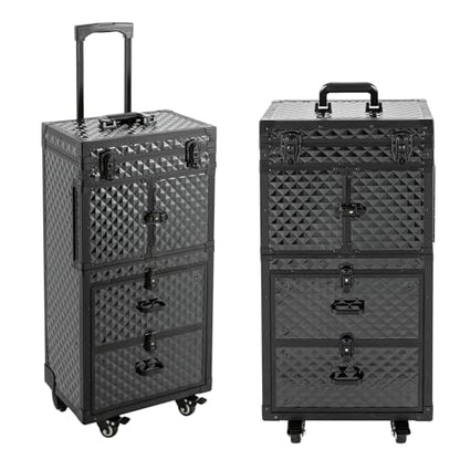 Rolling Lockable Makeup Train Case, Black Rolling Makeup Case | Large Trolley Storage Case Lockable | Trolley Professional Cosmetic Organizer Box | with Hair Dryer Holder&Scissors Buckles