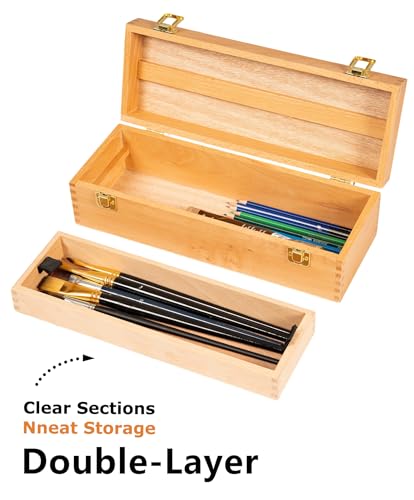 DJAR Multi-Function Artist Tool Box with Locking Clasps, Removable Tray Wooden Art Supply Box for Brushes, Pencils, Erasers,Artist Supplies Storage Organizer, Natural - color: Natural