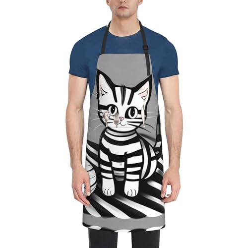 Round watercolor painting Heavy Duty Waterproof Apron with Pockets for AdultsResistant Grilling, Gardening, Painting - color: Play Ball Kitty