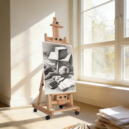 Multifunctional Artist Easel, H-Frame Adjustable Studio Easel, Portable Beech Wood Easel Stand with Brake Wheels, Floorstanding Painting Canvas Stand, Professional Painting Creation Workstation