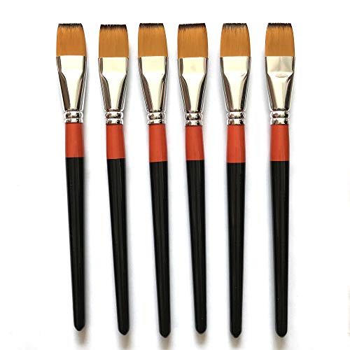 3/4 Inch Flat Bright Paint Brush, Pack of 6, Premium Quality Synthetic Hair for Acrylic Watercolor Oil Gouache Painting by Students, Professionals and Artists - size: 0.75 Inch Flat (6 PCS)