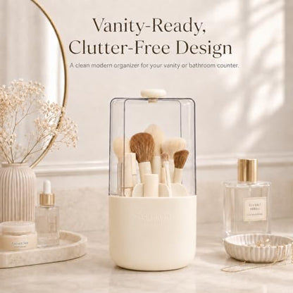 EACHY Makeup Brush Holder with Lid, Rotating Makeup Brush Organizer, Beige | Dustproof Lid, 7 Compartments, Waterproof Plastic, Vanity Makeup Organizer for Brushes - color: Beige