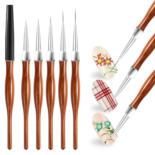 5 Pcs Nail Art Liner Brushes, Wooden Handle Striping Brushes for Ultra Fine Lines, Plaid & Floral Detailing, Gel Polish & Acrylic Painting, 5/8/12/15/20mm (Wood Color) - color: Wood Color 5PCS