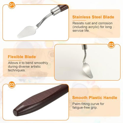 HARFINGTON 2pcs Palette Knife Painting Tool 1.1 x 0.59 Stainless Steel Art Spatula Pallet Knives Scrapers Tools with Beech Wood Handle for Acrylic Oil Canvas Mixing Spreading, Red/Silver - size: 1.1" x 0.59"