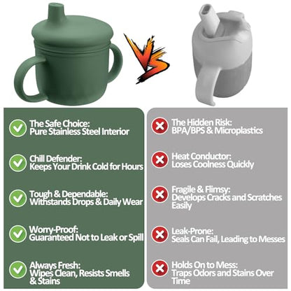 Mity rain Stainless Steel Sippy Cups for Toddlers1-3, Baby Straw Cups for 6+Month Old with Travel Lid, Silicone StrawReplacement Straw & Cleaning Brush-8oz Toddler Cups Spill Proof - color: olive drab