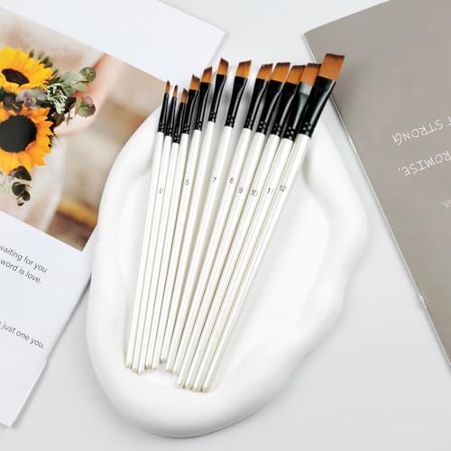 12-Piece Angular Paint Brush Set – Pearl White Nylon Angled Brushes for Watercolor, Acrylic, Gouache, Oil & Craft Painting