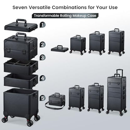 Rolling Makeup Case Makeup Train Case with Lid 5 in 1 Cosmetology Case on Wheels Cosmetic Trolley Organizer Large Makeup Organizers Case Profesional Cosmetic Case for Salon Barber Nail Beauty, Black - color: Black