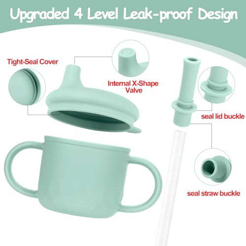 Mity rain 3-In-1 Stainless Steel Sippy Cup for 6+ Month Old, Baby Straw Cups for Toddlers 1-3 with Travel Lid, Silicone Straw, Replacement Straw & Cleaning Brush - 8oz Toddler Cups Spill Proof Set - color: Green