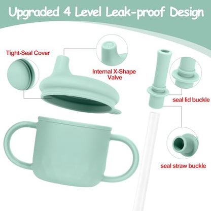 Mity rain 3-In-1 Stainless Steel Sippy Cup for 6+ Month Old, Baby Straw Cups for Toddlers 1-3 with Travel Lid, Silicone Straw, Replacement Straw & Cleaning Brush - 8oz Toddler Cups Spill Proof Set - color: Green