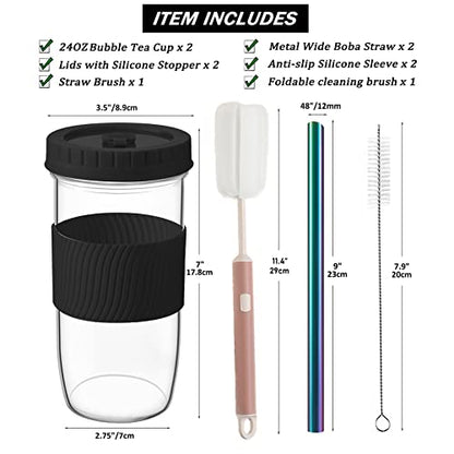 Amyoole 2 Pack Reusable Boba Cup,24Oz Wide Mouth Smoothie Cup,mason Jar Glass Cups with Lids and Straws,Bubble/Boba Tea Cups,Ice Coffee Tumbler 2 colored straws 1 sponge brush(Black) - color: Black