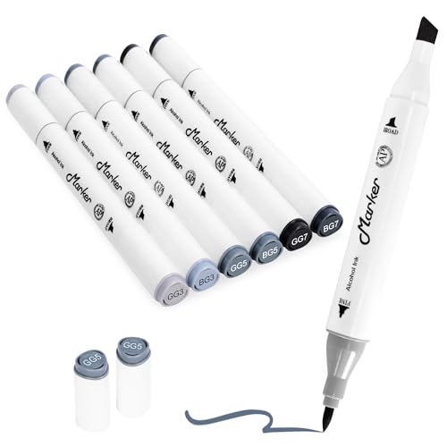 Grey Gray Alcohol Markers, 6 Pack Dual Tips Soft Fine Tip and Broad Tip Permanent Art Marker for Artists Adults Coloring Drawing Illustration Sketching Painting (Grey2) - color: Grey2