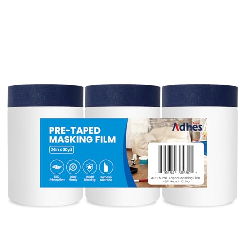 ADHES Painters Plastic with Tape, 24 inch x 90 feet x 3 Rolls Painters Tape with Plastic Attached, Pre Taped Masking Film Tape and Drape for Automotive Painting Covering - size: 24inch