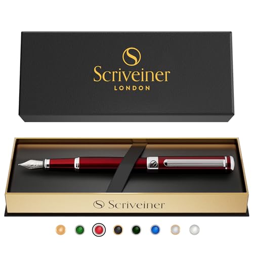 Scriveiner Deep Crimson Red Fountain Pen - Stunning Luxury Pen with Chrome Finish, Schmidt Nib (Fine), Best Pen Gift Set for Men & Women, Professional, Executive, Office, Nice Pens - color: 12. Crimson Red with Chrome, style: Fine Nib