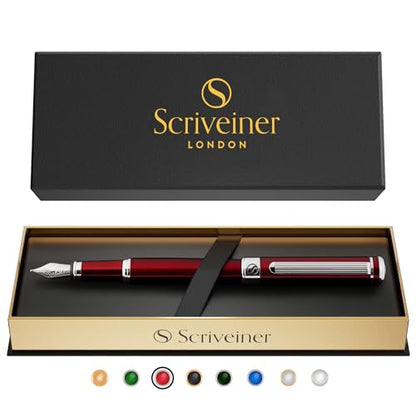 Scriveiner Deep Crimson Red Fountain Pen - Stunning Luxury Pen with Chrome Finish, Schmidt Nib (Fine), Best Pen Gift Set for Men & Women, Professional, Executive, Office, Nice Pens - color: 12. Crimson Red with Chrome, style: Fine Nib