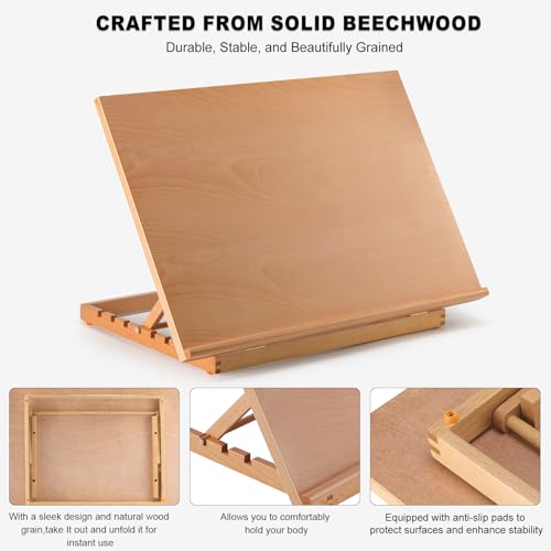 24.9"x17.3" Beechwood Tabletop Easel with Paint and Sketch Papers,Mask Tape | Extra Large Adjustable Art Easel Stand, Drawing Board for Painting, Sketching and Diamond Art - style: A2