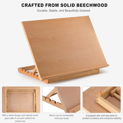 24.9"x17.3" Beechwood Tabletop Easel with Paint and Sketch Papers,Mask Tape | Extra Large Adjustable Art Easel Stand, Drawing Board for Painting, Sketching and Diamond Art - style: A2