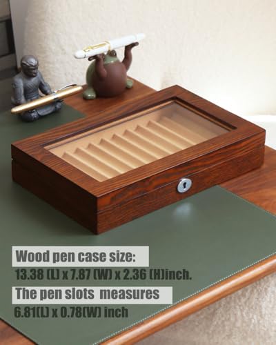 Fountain Pen Display Case with 12 Pens, Wood Pen Display Box, Lockable Pen Storage Box with Glass Top, Pen Box Organizer, Pen Collection Display Case (Brown with Camel Velvet) - color: brown 12 slots, camel velvet
