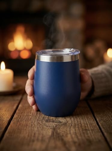 CHILLOUT LIFE 12 oz Stainless Steel Wine Tumbler with Lid - Double Wall Vacuum Insulated Wine Cup Glass Keeping Cold & Hot for Coffee, Champagne, Cocktails, Ice Cream - Powder Coated Navy Blue - color: Navy Blue, style: 1 Pack