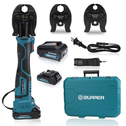 ZUPPER Compact Press Tool Kit for 1/2", 3/4", 1" Copper Pipes | Compatible with Propress 18V Electric Pipe Crimping Tool Brushless Motor 2pcs 2Ah Battery - size: 3 Jaws (1/2", 3/4", 1")