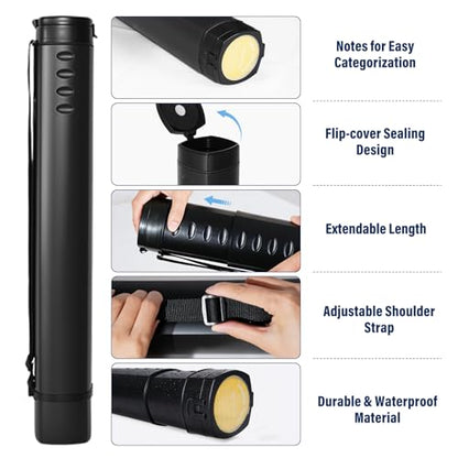 DEWEL Adjustable Poster Tube 24.5"-42", Waterproof Plastic Document Storage Tube Telescoping Carrying Case, Light Resistant Drawing Tube Painting Picture Tube Holder (Black-Large Size) - color: Black (Polygon), size: Large
