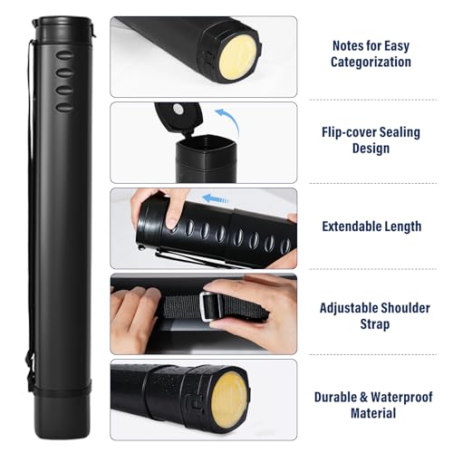 DEWEL Adjustable Poster Tube 24.5"-42", Waterproof Plastic Document Storage Tube Telescoping Carrying Case, Light Resistant Drawing Tube Painting Picture Tube Holder (Black-Large Size) - color: Black (Polygon), size: Large