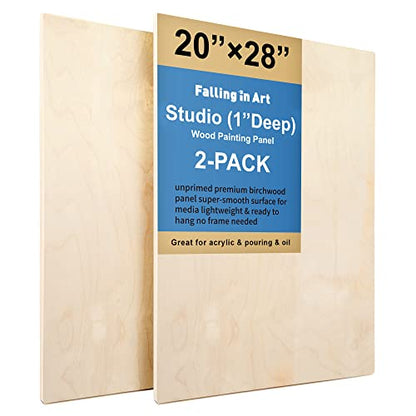 Falling in Art Unfinished Birch Wood Panels Kit for Painting, Wooden Canvas 2 Pack of 20 x28 Studio 1" Deep, Cradle Boards for Pouring, Art, Crafts, Burning and More - size: 20*28 2-pack