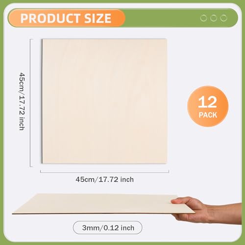 AWIZOM 12 Pcs Basswood Plywood Sheets 18x18x1/8 Inch Unfinished Wood Board | 3mm Thick Blank Wooden Panel for Laser Cutting Burning Architectural Models Staining Painting DIY Crafts Projects - size: 18 x 18 inch