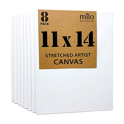 milo Stretched Artist Canvas | 11x14 inch | Value Pack of 8 Canvases for Painting, Primed & Ready to Paint Art Supplies for Acrylic, Oil, Mixed Wet Media, & Pouring, 100% Cotton with Pine Wood Frame - size: 11" x 14"