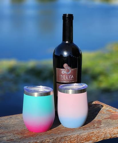 CHILLOUT LIFE 12 oz Stainless Steel Wine Tumbler with Lid - Double Wall Vacuum Insulated Wine Cup Glass Keeping Cold & Hot for Coffee, Champagne, Cocktails, Ice Cream - Powder Coated Pink/Teal - color: Cotton Candy, style: 1 Pack