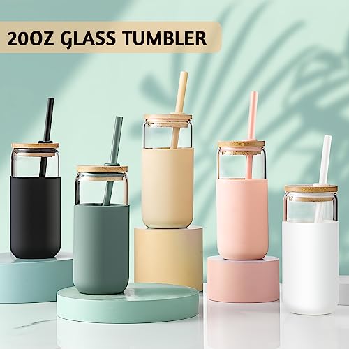 VITEVER 20 OZ Glass Cups with Bamboo Lids and Straws - Beer Can Drinking Glasses with Silicone Protective Sleeve Set, Iced Coffee Glasses, Cute Tumbler Cup for Water, Tea, Gift - Pink, Amber - color: Amber Pink