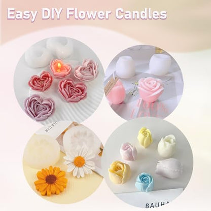 6 Pcs Flower Candle Resin Mold 3D Heart Rose Daisy Peony Tulip Silicone Mold for Candle Soap Chocolate Resin Making Silicone Mold Rosas Silicona para Velas Valentine Day Gift - color: 6 Pcs Flower Mold Set
