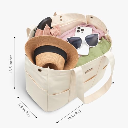 TOPDesign Large Canvas Tote Bag for Women, Shoulder Bag with Laptop Sleeve & Pockets, Everything Tote for Travel, Work (Beige) - color: Beige