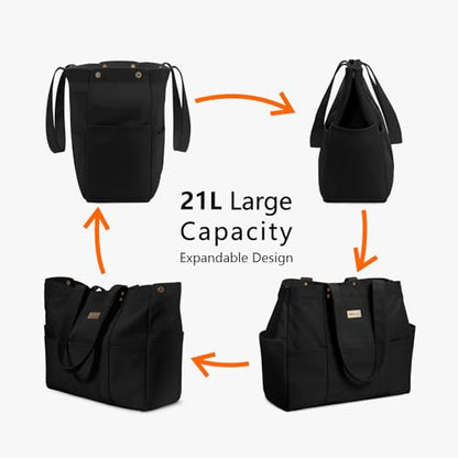 TOPDesign Large Canvas Tote Bag for Women, Shoulder Bag with Laptop Sleeve & Pockets, Everything Tote for Travel, Work (Black) - color: Black