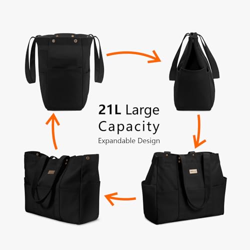 TOPDesign Large Canvas Tote Bag for Women, Shoulder Bag with Laptop Sleeve & Pockets, Everything Tote for Travel, Work (Black) - color: Black