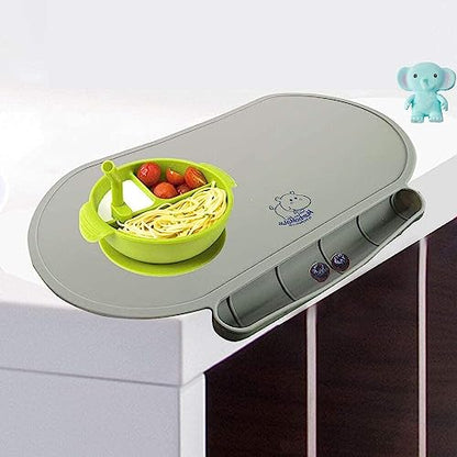 Silicone Children's Place Mat - Baby Mumbo | Food-Grade Quality with Unique Raised Edges for Spill Prevention | Lightweight, Portable, and Spill-Proof Tray (Bashful Blue) - color: Bashful Blue
