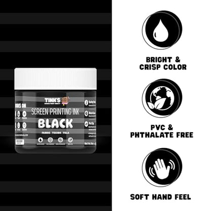 Tinks® Screen Printing Ink - Black - 8oz Water-Based Fabric Ink - Screen Printing, Stenciling, Tote Bags & Fabric Stamping - Non-Toxic, No Harsh Fumes, Soap & Water Cleanup - Made in California - color: Black