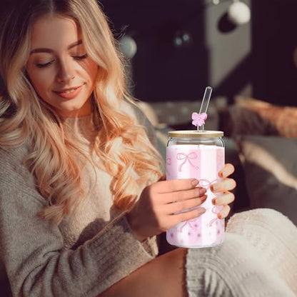4 Set 16 oz Coquette Bows Glass Cups with Lids and Bows Straws Cleaning Brushes Aesthetic Iced Coffee Cup Reusable Mug for Women Sister Birthday Gift Not Dishwasher Safe(Pink,Bow) - color: Pink, size: Bow