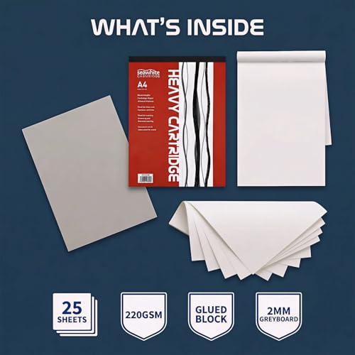 Seawhite 220gsm Heavy All-Media Cartridge Pad by Seawhite Of Brighton,A4-297 x 210mm,PAD220A4